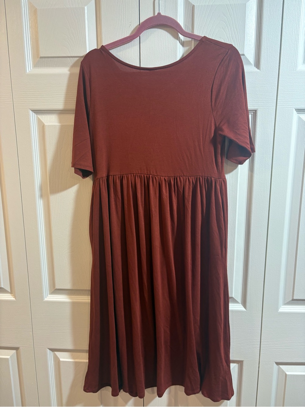 Zenana Burgundy Short Sleeve A-Line Midi Dress Boho Minimalist Fall Academia - Picture 6 of 7